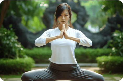 A young lady doing yoga outside.