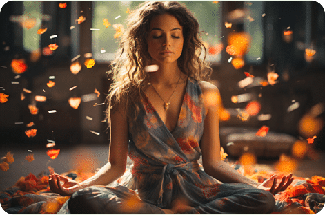 a person sitting in a lotus position with flowers flying in the air